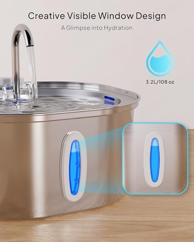 PEKTACO Stainless Steel Cat Water Fountain, 3.2L/108oz Cat Water Dispenser with Ultra-Quiet Water Pump and Water-Level Win...