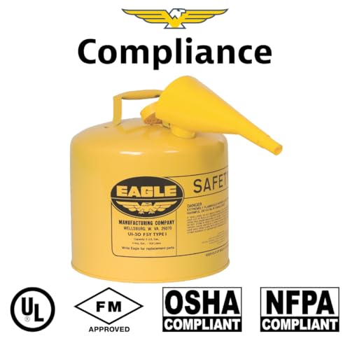 Eagle 5 Gallon Type I Yellow Safety Gas Can for Diesel with Flame Arrester, Self-Closing Lid, and F-15 Funnel, Made in the USA, Galvanized Steel Flammable Storage Can, UI50FSY