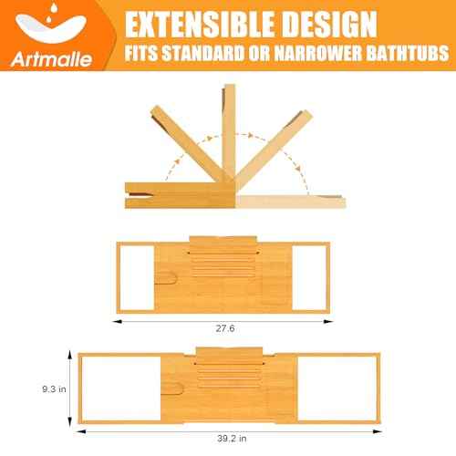 Artmalle Bathtub Caddy Tray for Tub, Expandable Bamboo Bath Table Tray with Book Stand for Home Spa Relaxing, Foldable Minimalist Bathroom Accessories for Women Men (Simple, Natural) (Natural)