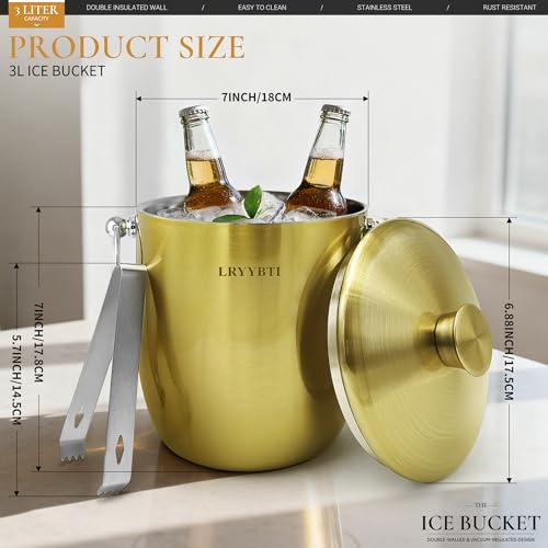 LRYYBTI Ice Buckets for Parties with Lid,Tongs and Strainer (3L/Gold) Double Wall Stainless Steel Ice Bucket Keeps Frozen ...