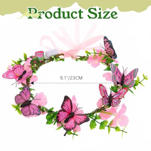 DRESBE Light Up Butterfly Flower Crown LED Floral Headband Glow Fairy Hair Accessories for Women (Pink)