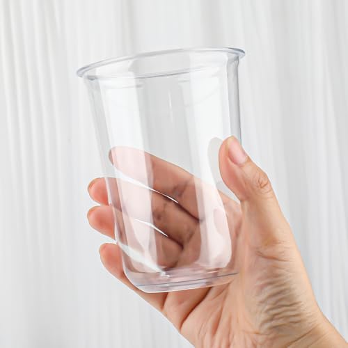 16oz Disposable Stemless Glasses with Flat Lids and Straws,PET Disposable Drinking Cups,Clear Plastic Wine Glasses for Par...