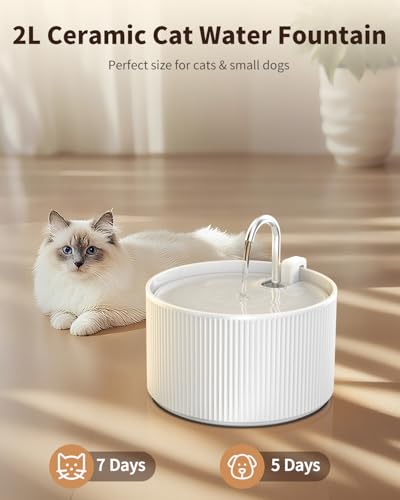 Ceramic Cat Water Fountain, 2.2L/74oz Automatic Pet Drinking Fountain for Indoor Cats and Small Dogs, Ultra Quiet, BPA-Fre...