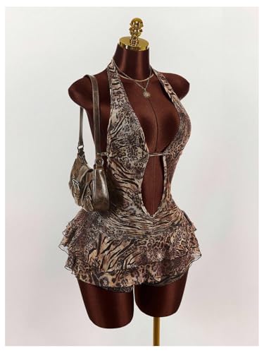 Verdusa Women's Y2K Leopard Print Halter Romper Backless Sleeveless Layered Ruffle One Piece Outfit