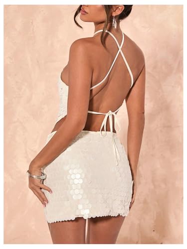 SweatyRocks Women's Sexy Sequin Halter Tops Crisscross Tie Backless Asymmetrical Party Top
