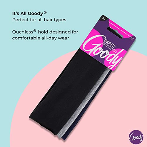 Goody Ouchless Comfort Head Wraps - 3 Ct, Black/Grey/Navy Blue, Soft & Stretchy Fabric Headbands for Women & Men, Secure H...
