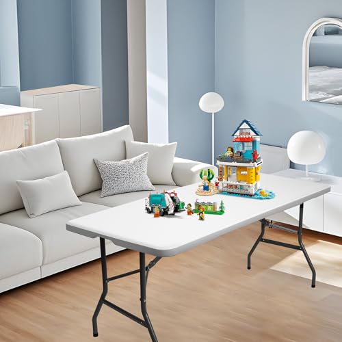 USEFULTEK 6 ft Foldable Plastic Table for Display, Camping, Party, Dining, Barbecue, Picnic with Carrying Handle - White