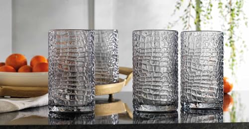 Glaver's Highball Glasses Set of 4 Smoke Drinking Glasses, 15 Ounce Crackle Textured Newly Designed Patent Glassware Heavy...