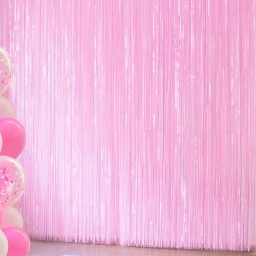 Light Pink Birthday Decorations - 4 Pack of 3.2x8.2ft Pink Foil Fringe Curtains Streamers Backdrop for Birthday Valentines...