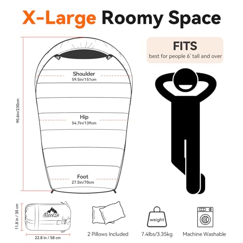 MEREZA Mummy Double Sleeping Bag for Adults with Pillow Cold Weather 0 Degree 2 Person Sleeping Bag for Big Tall Mens Coup...