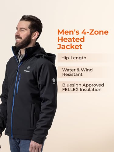 ORORO Men's 4 Heat-Zone Heated Jacket with USB-C Rechargeable Battery, Soft Shell Heated Jacket with Detachable Hood
