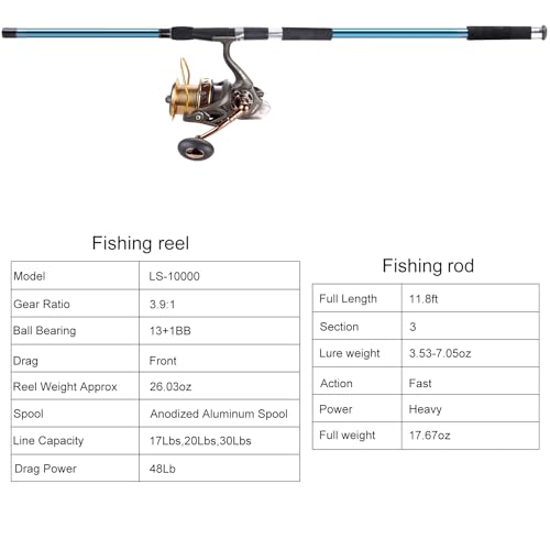 Dr.Fish Surf Fishing Rod and Reel Combos Saltwater Fishing Gear Set 12ft Surf Rod 10000 Reel Offshore Inshore Casting Pole...