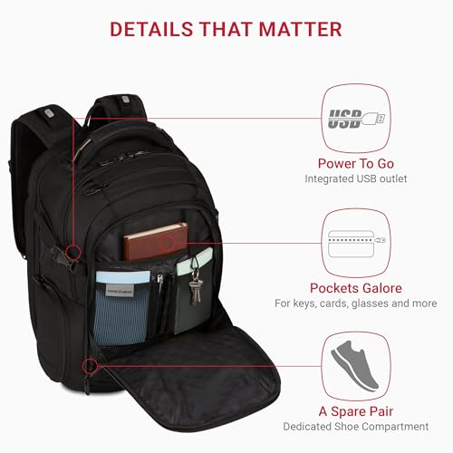 SwissGear Travel Tech Elite Laptop Backpack – Fits Laptops up to 16” – ScanSmart TSA-Friendly Backpack with USB Port, Shoe...