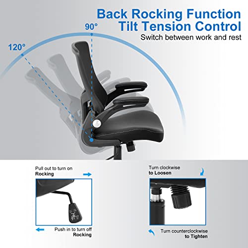 Office Chair Ergonomic Desk Chair, Computer PU Leather Home Office Chair, Swivel Mesh Back Adjustable Lumbar Support Flip-...