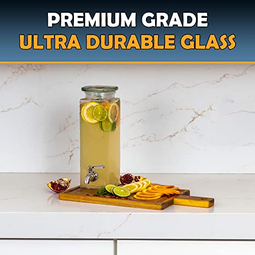 Square Glass Drink Dispenser for Parties - Stainless Steel Spigot + Marker & Label - 100% Leakproof Beverage Dispenser - L...