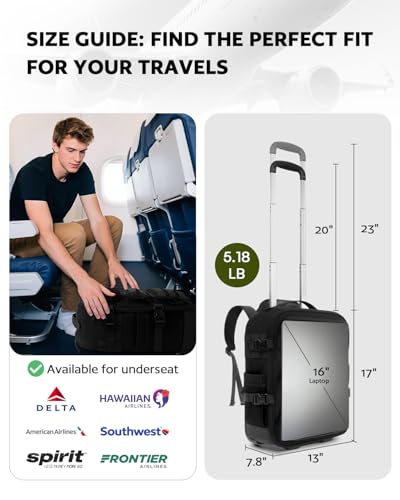 Rolling Tactical Laptop Backpack, Underseat Travel Backpack with Wheels, 16 Inch Wheeled Military Computer Backpack for Me...