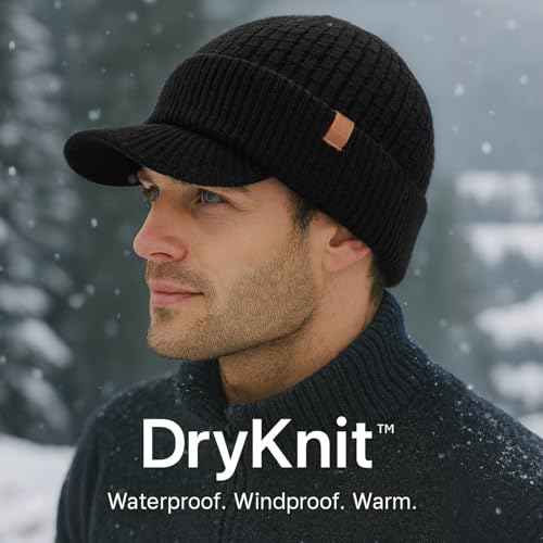 TOP-EX DryKnit¢â Waterproof 50% Merino Wool Visor Beanie Hat for Men Fleece Lined Winter Hat with Brim for Big Heads