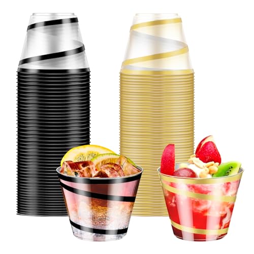 Dualshine 100 PCS Black and Gold Rimmed Swirl Clear Plastic Cups, 9 oz Disposable Plastic Wine Glasses, Heavy Duty Cocktai...