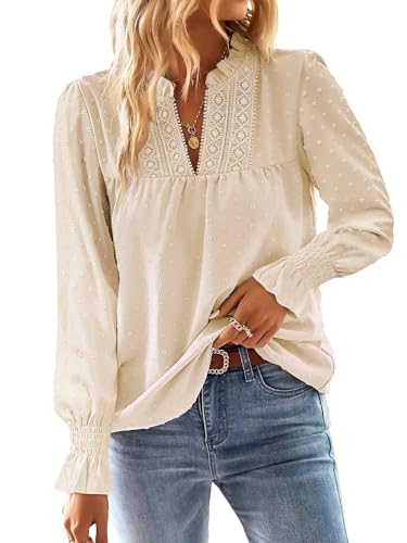 Falechay Boho Tops for Women V Neck Blouses Flowy Swiss Dot Dressy Casual Lace Womens Long Sleeve Shirts Trendy 2026