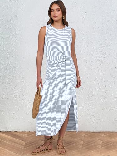 ANRABESS Womens Summer Casual Sleeveless T Shirt Midi Dress Slim Fit Tie Waist Split Tank Long Dresses 2026 Vacation Sundress