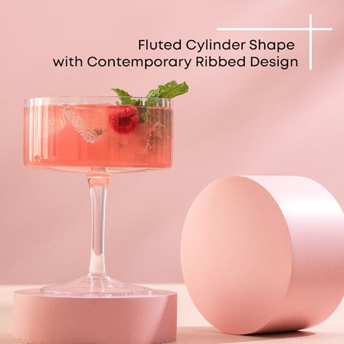 JoyJolt Elle Fluted 10oz Coupe Glass Set of 2, Unique Champagne Glasses for Cocktails and Martinis, Ribbed Vintage Style D...