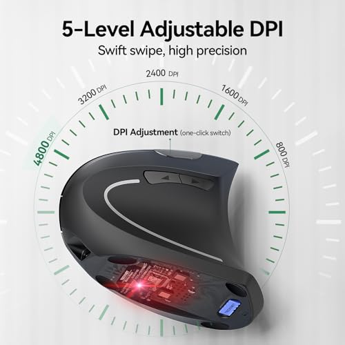 TECKNET Ergonomic Mouse, Rechargeable Vertical Ergo Mouse Wireless 800-4800 Levels 5 Adjustable DPI, Silent 2.4GHz Optical...