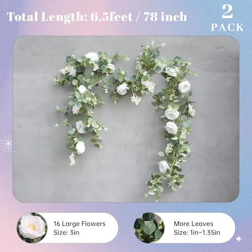 Der Rose 2Pcs 13FT Artificial Eucalyptus Flower Garland with Fake Rose Flower Vine Seeded Eucalyptus Leaves Greenery Garla...