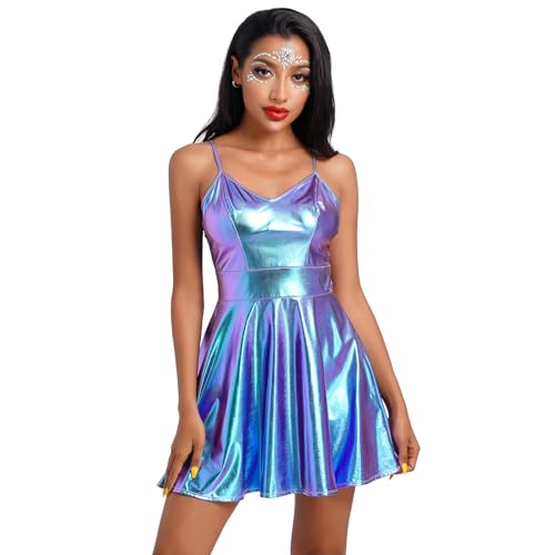 ABAFIP Women Shiny Holographic Sleeveless V-Neck High Waist Rave Disco Dance Party Music Festival Dress 70s Outfit