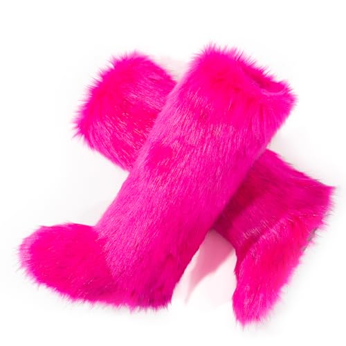 IXU Women's Faux Fur Boot Furry Fluffy Round Toe Suede Winter Comfy Plush Warm Short Outdoor Indoor Flat Shoes Knee-High B...