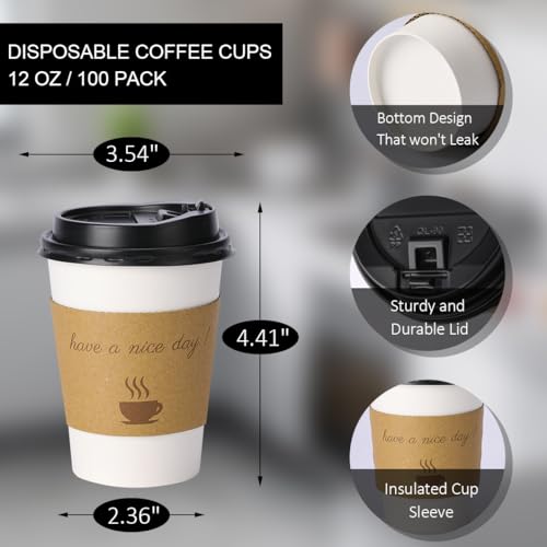 BYSNOW 100 pack 12 oz Disposable Thickened Coffee Cups with Lids, Scald Resistant Hot Cup with Sleeve and Straw, To Go Cof...