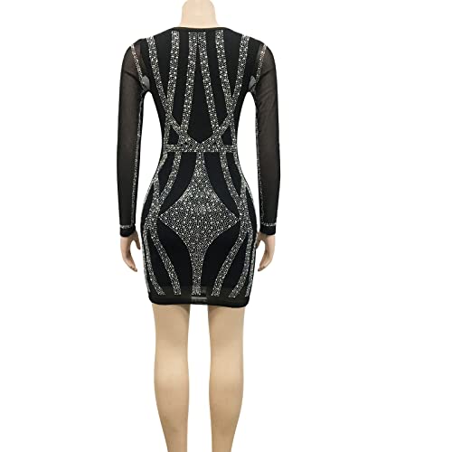 KRICESSEEN Sexy Rhinestone Crystal Mesh Patchwork Sheer Bodycon Dress Womens See-Through Birthday Clubwear Dresses