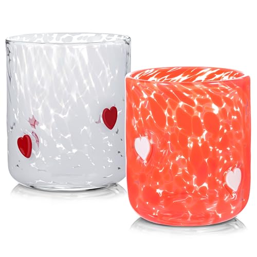 GVKGVK 2 Pcs Valentines Day Icon Juice Glasses, 14 oz Heart Themed Cute Glass Cups, Handblown Stemless Anthropology Glass ...