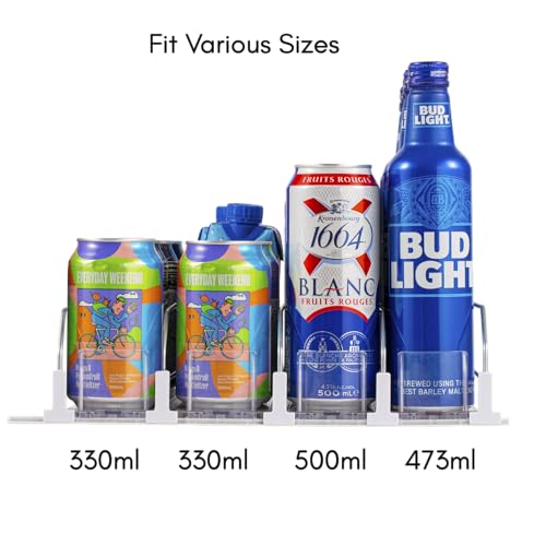 RULA Drink Organizer for Fridge, Self-Pushing Soda Can Dispenser for Refrigerator, Width Adjustable Water Bottle Pusher Gl...