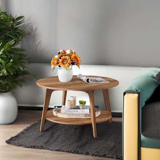 VASAGLE Round Coffee Table, 2 Tier Coffee Table with Storage, for Living Room, 31.5 x 17.7 Inches, Easy to Assemble, Honey Brown ULCT243K41
