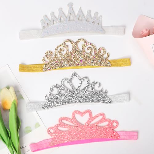 4 Pcs Glitter Tiara Headbands for Girls Elastic Princess Crown Hair Bands Stretch Sparkly Hair Bands for Toddler Girl