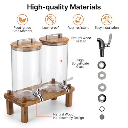 MerryNine 2PCS 1.1 Gallon Glass Drink Dispensers for Parties with Wood Stand, Punch Borosilicate Glass Beverage Dispenser,...