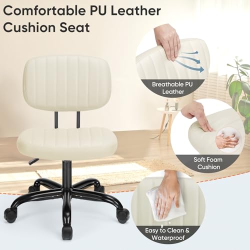 DUMOS Armless Home Office Desk Chair -Small Ergonomic with Low Back Lumbar Support, Height Adjustable PU Leather Computer ...