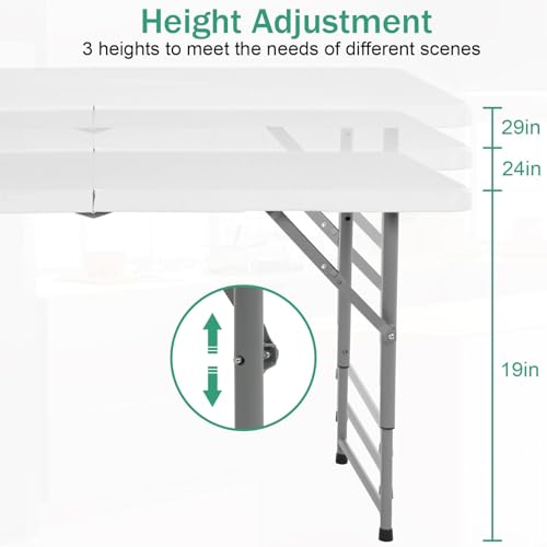 PIKAQTOP Folding Table, 4 FT Heavy Duty Plastic Foldable Table with Carrying Handle, Adjustable Height Portable Party Tabl...