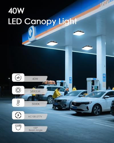 JC-LGL LED Canopy Lights, 40W, 5600LM, 5000K, 0-10V Dimmable, 120-277VAC, IP65 Waterproof, UL Listed, Commercial LED Canop...