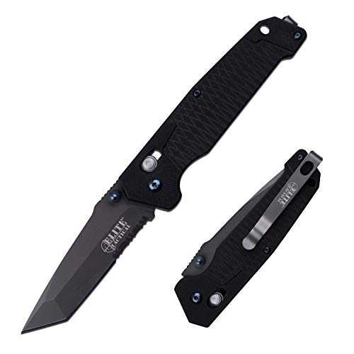 Elite Tactical - Folding Pocket Knife - Tanto Point Serrated Blade with Black G10 Handle and Pocket Clip - Rapid Lock Tact...