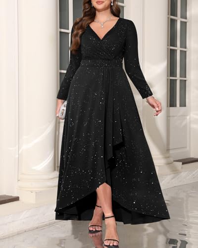 Pinup Fashion Plus Size Formal Dresses - Evening Gowns Wedding Guest Gala Prom Glitter Long Dress with Slit