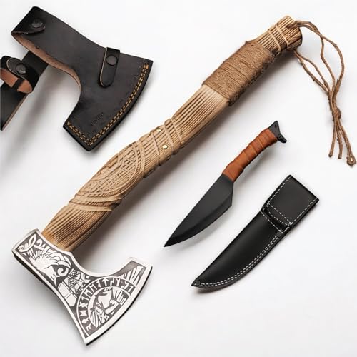 Viking Axe with Gift Viking Knife Also Leather Sheaths, Carbon Steel, Carved Wooden Handle, Bearded Heaven Hatchet for Cam...