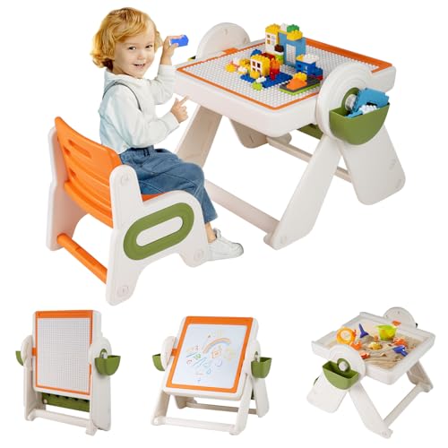Costzon 6-in-1 Kids Table and Chair, Folding Height-Adjustable Art Easel w/Reversible Building Block Tabletop & Whiteboar...