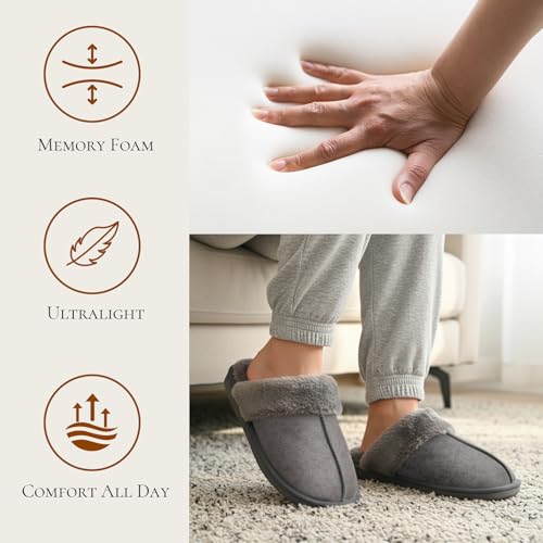 OOW Fuzzy Slippers for Women Cozy Faux Fur House Shoes Winter Warm Memory Foam Slippers for Indoor and Outdoor