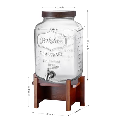 Drink Dispenser with Acacia Wood Stand and Lid,2 Gallon Glass Beverage Dispenser with Stainless Steel Spigot for Parties,P...