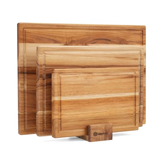 Cokka Praca Teak Cutting Board Set with Stand | 3 Pcs Durable Wooden Cutting Boards for Kitchen | Splinter-Free & No Crack...
