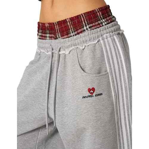 Aelfric Eden Baggy Wide Leg Sweatpants for Women Plaid Patchwork Sweat Pants Loose Long Pants with Pockets