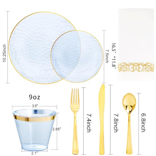 Rubtlamp 175 Pcs Plastic Dinnerware Set (25 Guests), Blue Disposable Plates With Gold Rim, Hammered Party Plates Set Inclu...