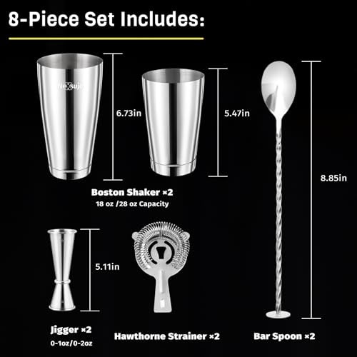 Nexsujo Boston Cocktail Shaker, 8-Piece Professional Shaker Set, Stainless Steel Bar Tools Set with Boston Shaker, Bar Spo...