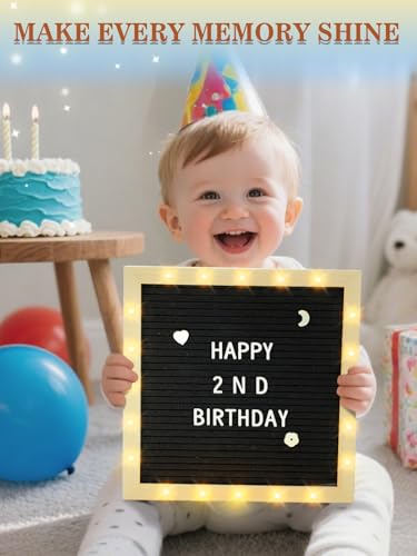 Changeable Felt Letter Board with LED Lights - 10×10" Message Custom Signs & Wood Stand & 450 Letters, Poster Board for Va...